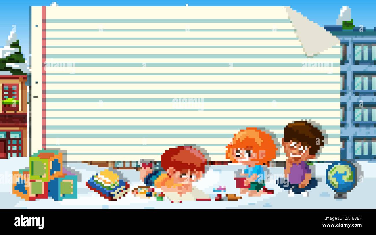 Paper template wtih three kids reading books in background illustration