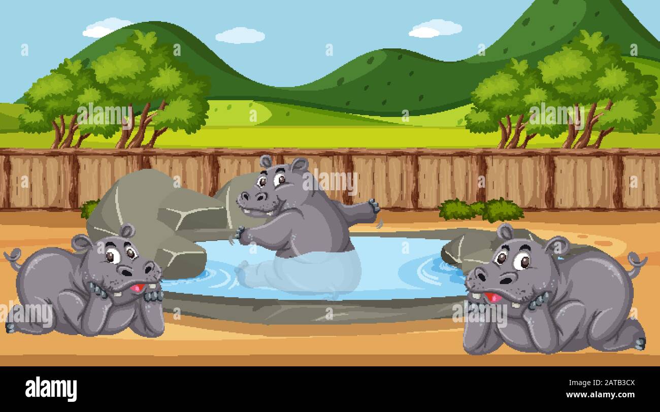 Scene with wild animals in the zoo at day time illustration Stock ...
