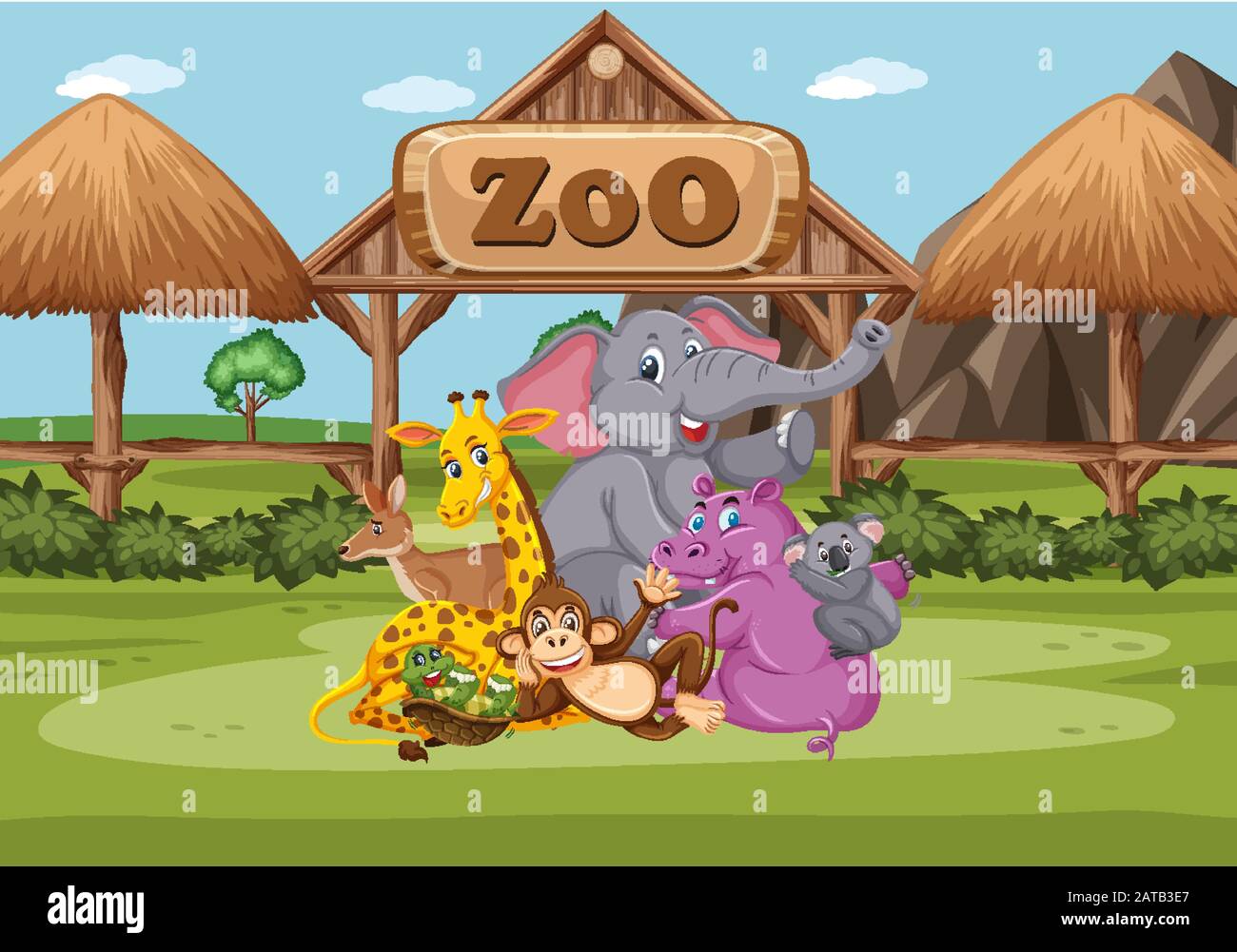 Scene with wild animals in the zoo at day time illustration Stock ...