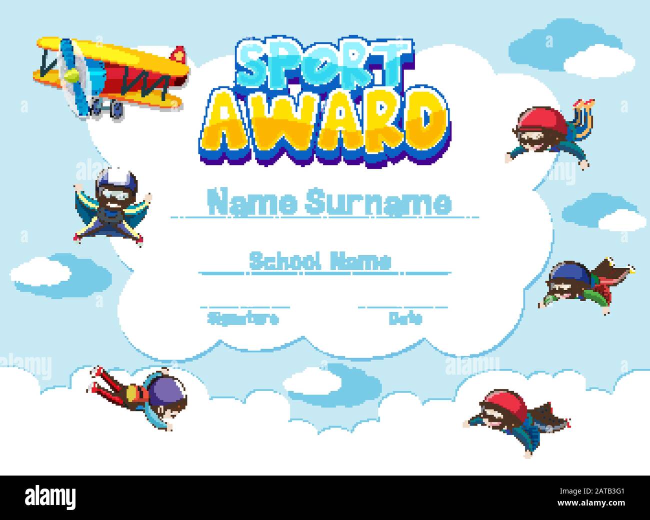 Certificate template for sport award with people skydiving in background illustration Stock ...