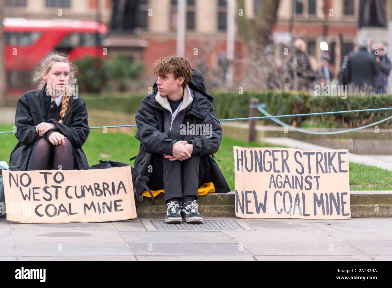 Elijah McKenzie-Jackson, 16, has gone on hunger strike outside the Houses of Parliament in protest against the proposed coal mining in Cumbria Stock Photo