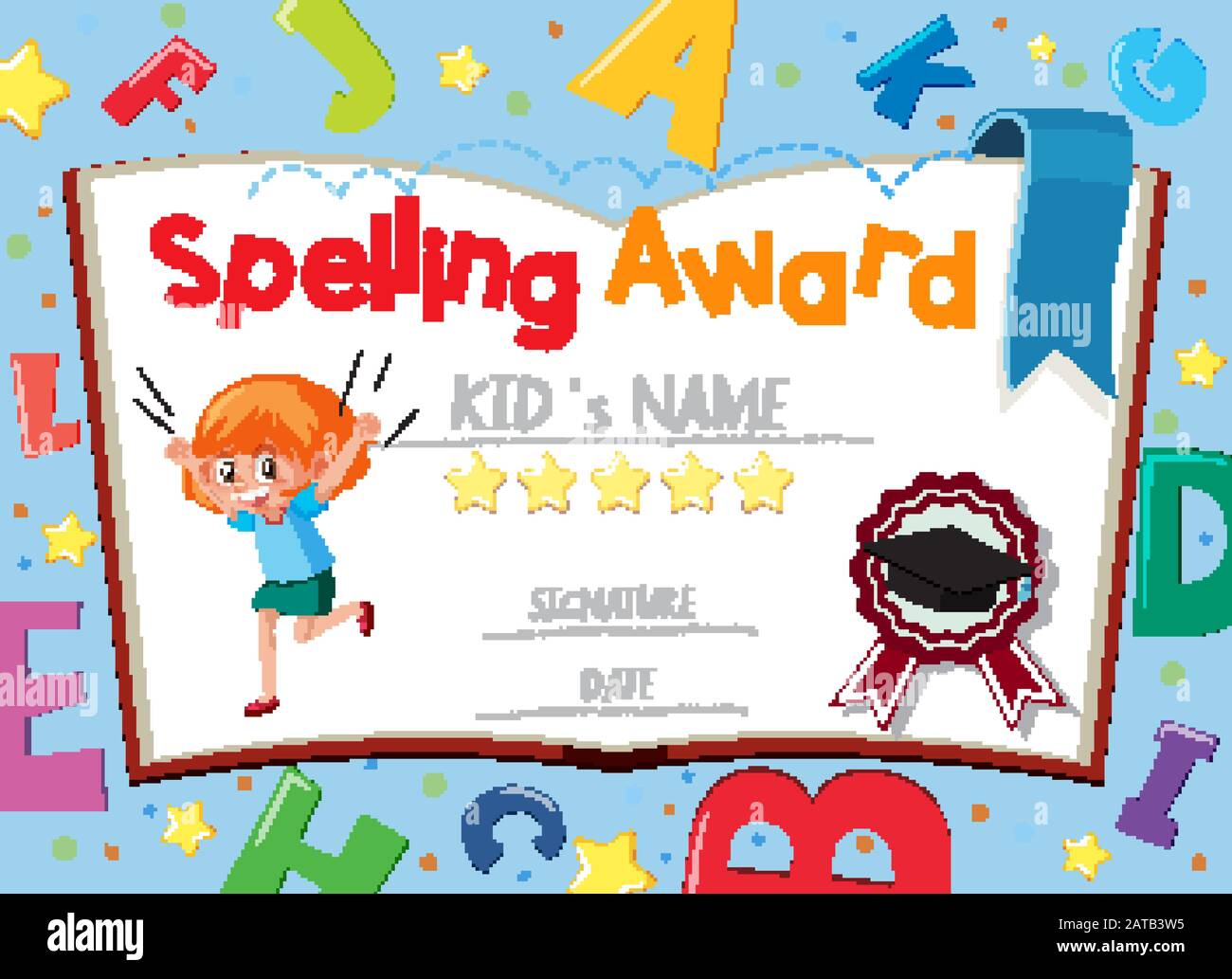 Certificate template for spelling award with alphabets in background