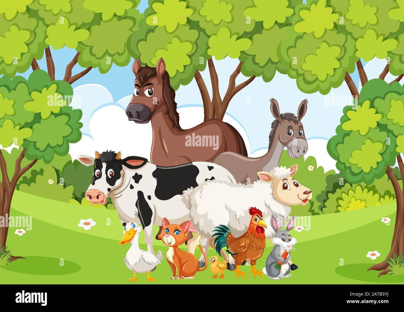 Scene with many wild animals in the forest illustration Stock Vector ...