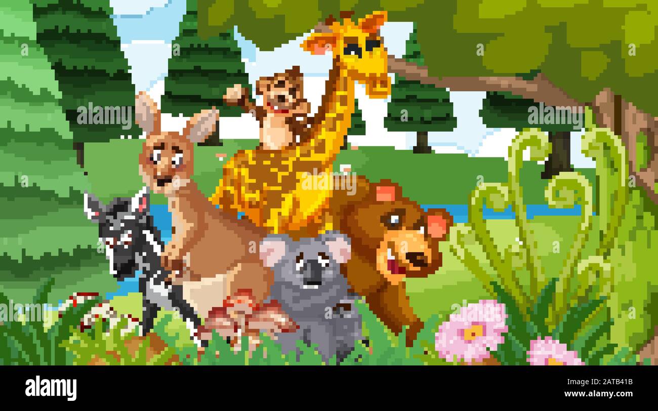 Scene With Many Wild Animals In The Forest Illustration Stock Vector