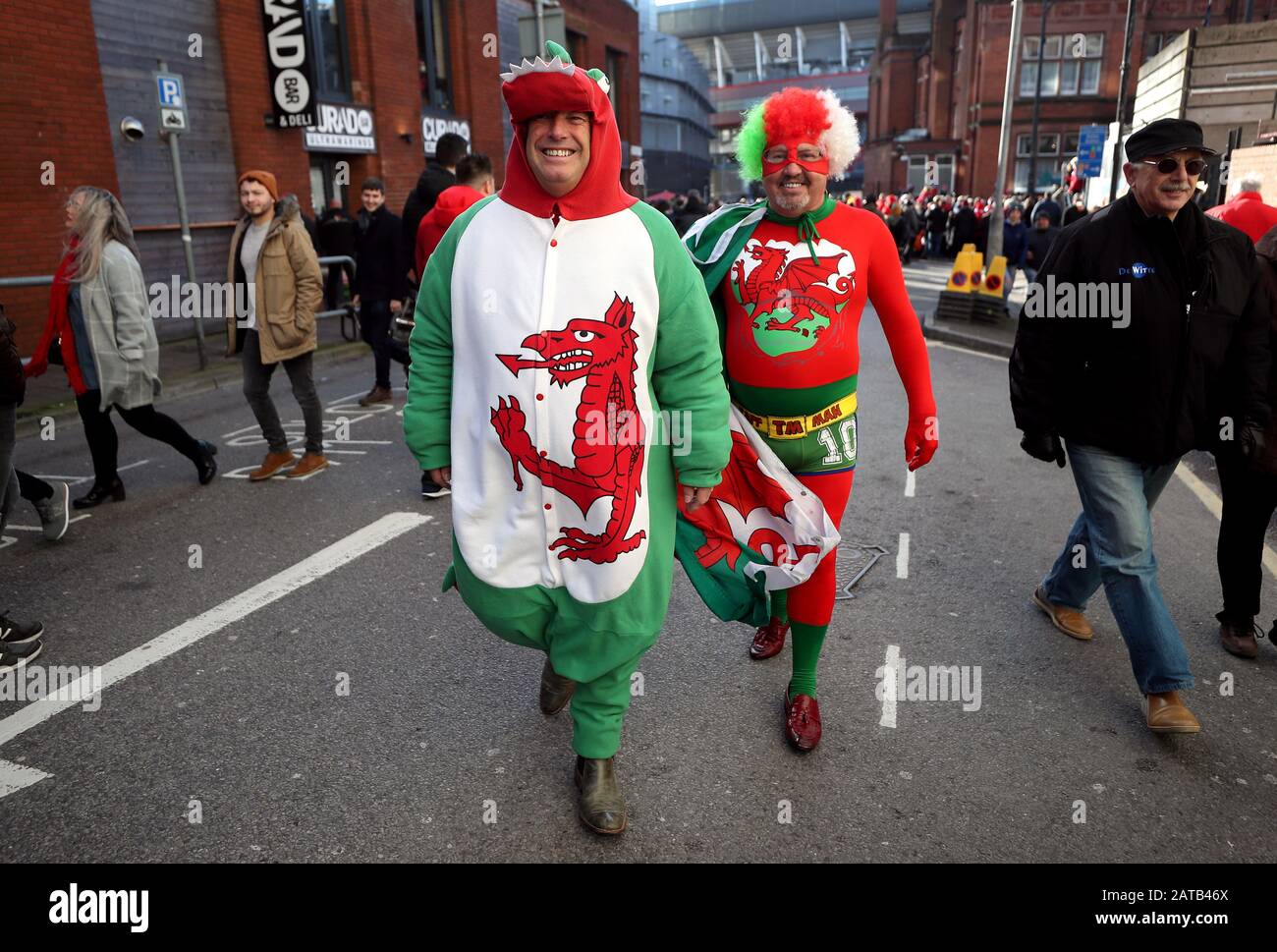 Wales fans in fancy dress arrive for the Guinness Six Nations match at the Principality Stadium, Cardiff. Stock Photo