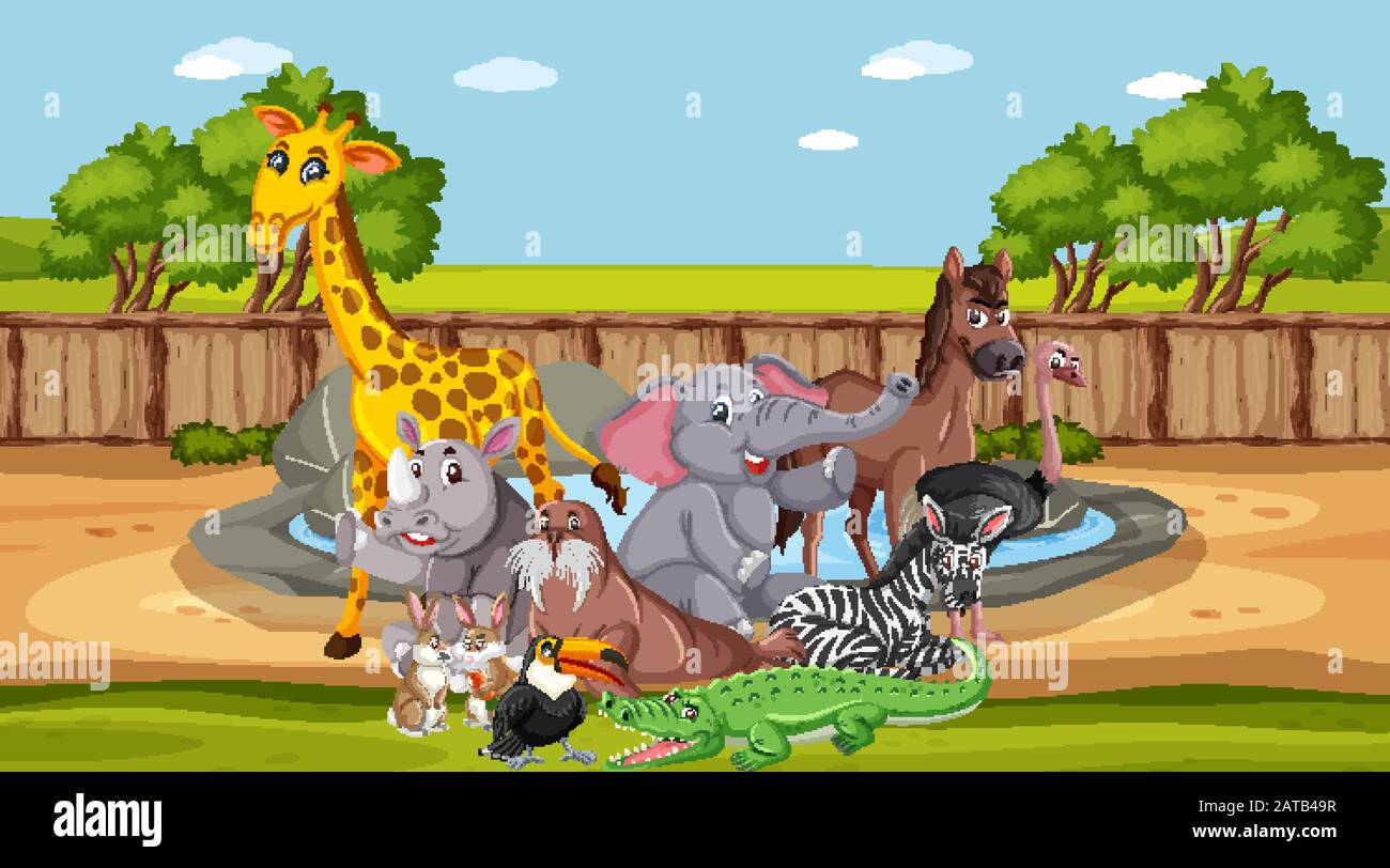 Scene with wild animals in the zoo at day time illustration Stock Vector  Image & Art - Alamy