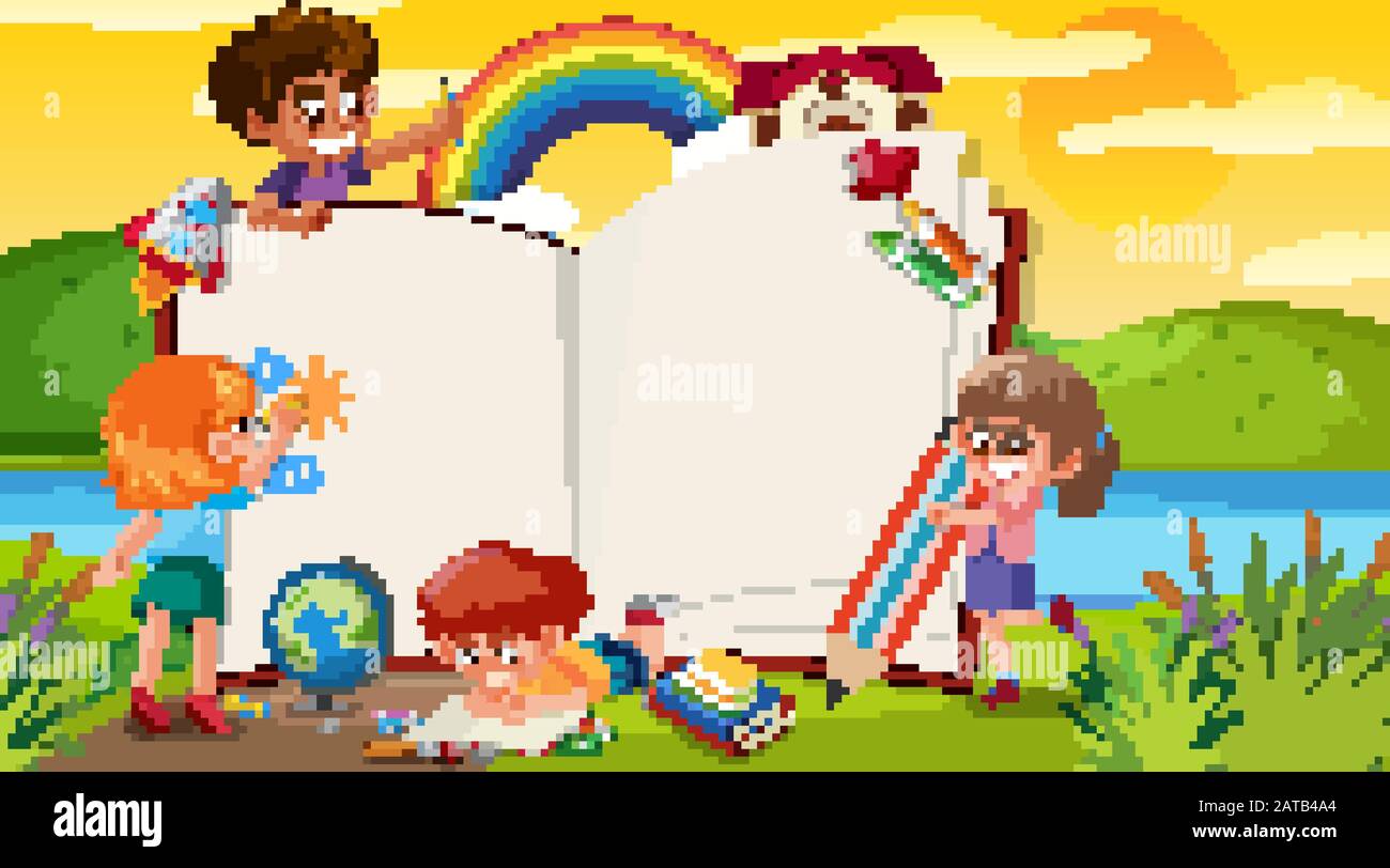 Frame template with many kids in the park illustration Stock Vector ...