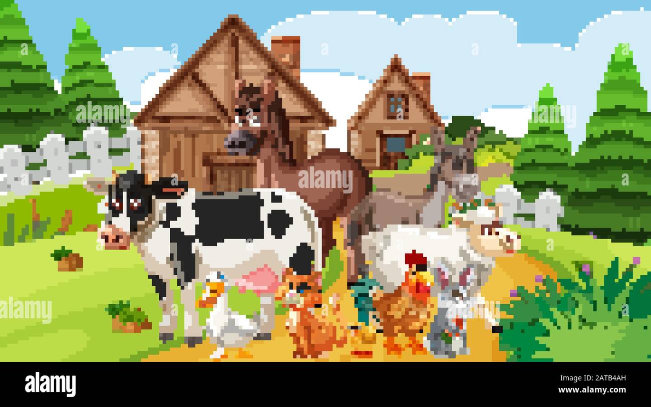 Scene with many farm animals in the farmyard illustration Stock Vector ...