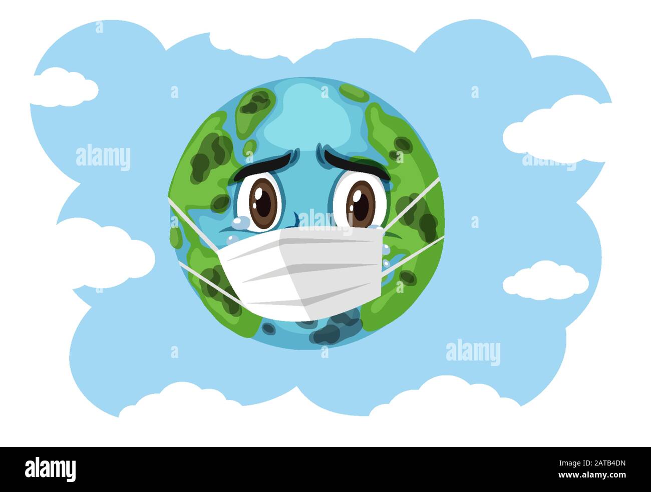 Crying earth wearing mask on blue sky background illustration Stock Vector