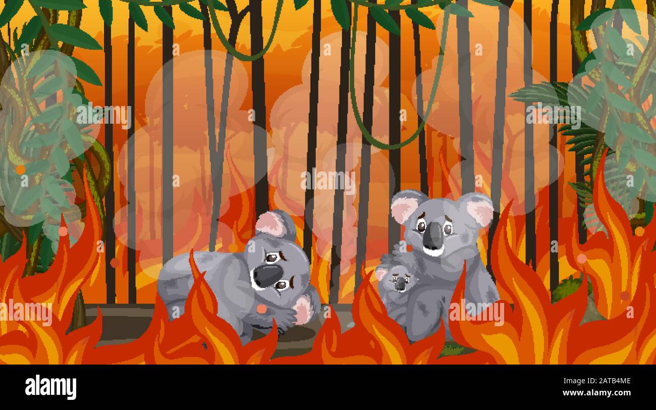 Scene with big wildfire with animal trapped in the forest illustration Stock Vector