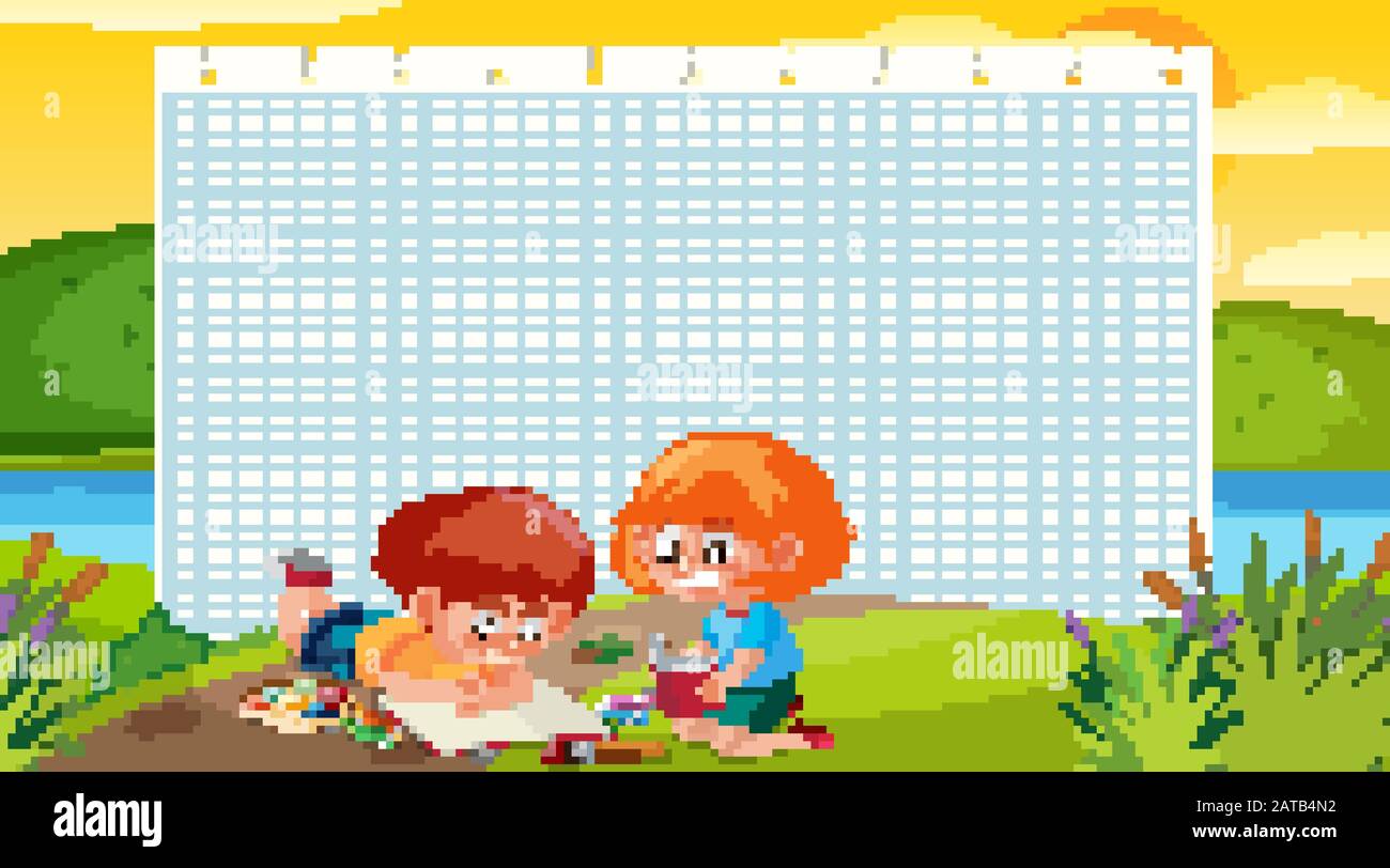 Frame design template with kids reading books in background