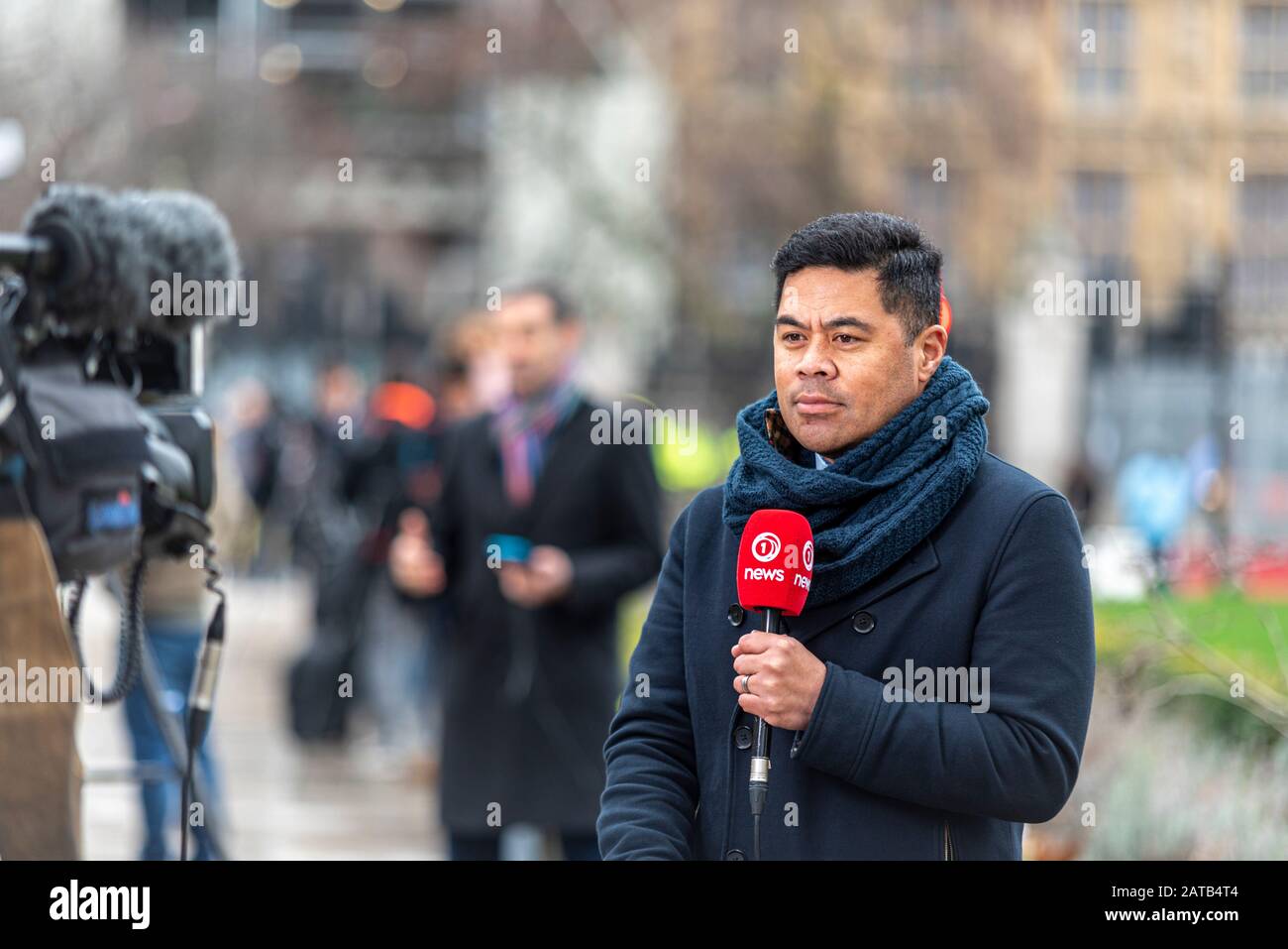 Daniel Faitaua of 1 News NZ. TV news presenter outside Parliament on Brexit Day, 31 January 2020, London, UK. Worldwide coverage. 1 News New Zealand Stock Photo