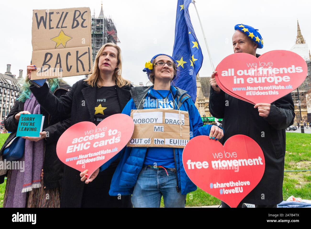 Pro European Union protesters on Brexit Day, 31 January 2020, in London, UK. Females with European Union flag and placards. EHIC cards. Free movement Stock Photo