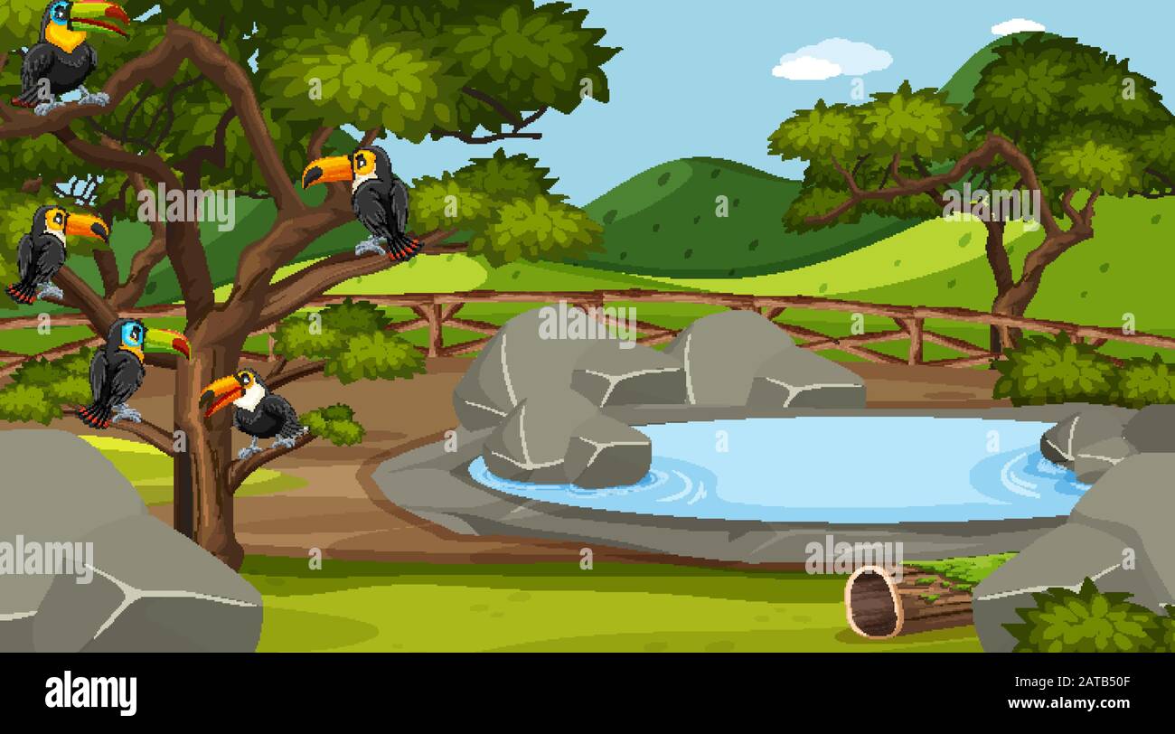 Scene with wild animals in the zoo at day time illustration Stock ...