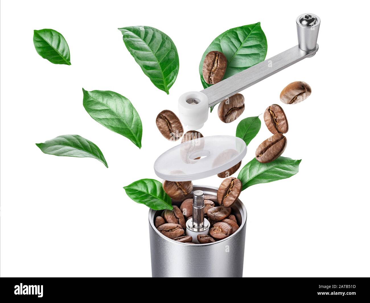 Exploded view of coffee grinder with roasted beans and leaves Stock Photo