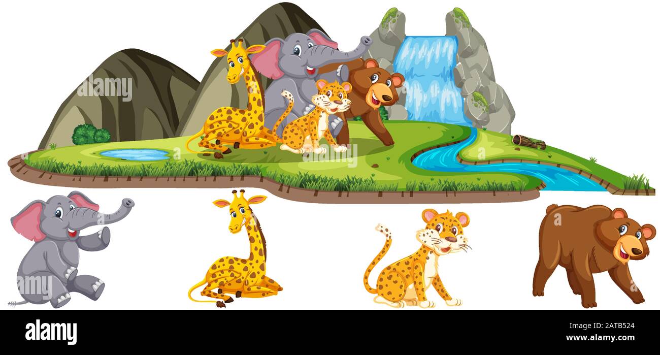 Scene with many wild animals by the waterfall on white background ...