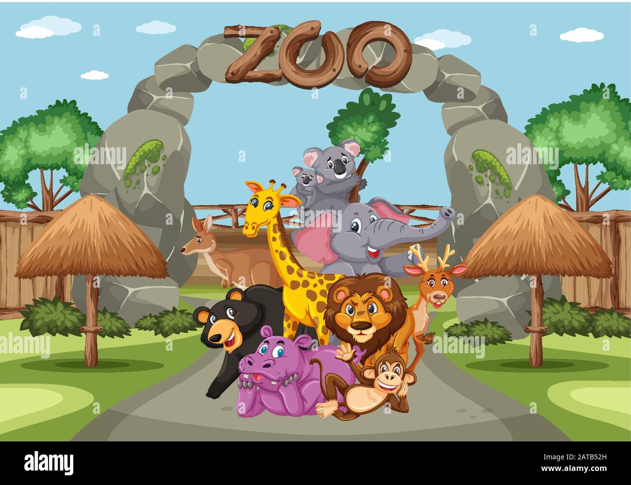 Scene with wild animals in the zoo at day time illustration Stock ...