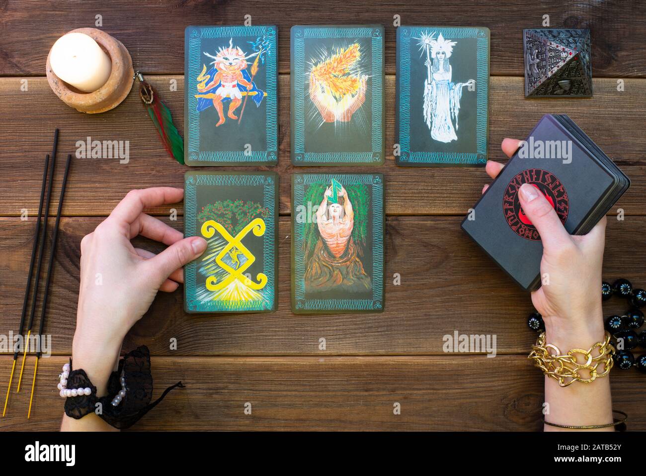 Minsk Belarus 2019 December 07 Fortune Telling Cards Runic Cards For Fortune Telling On A Wooden Table Scrying Accessories View From Above Stock Photo Alamy