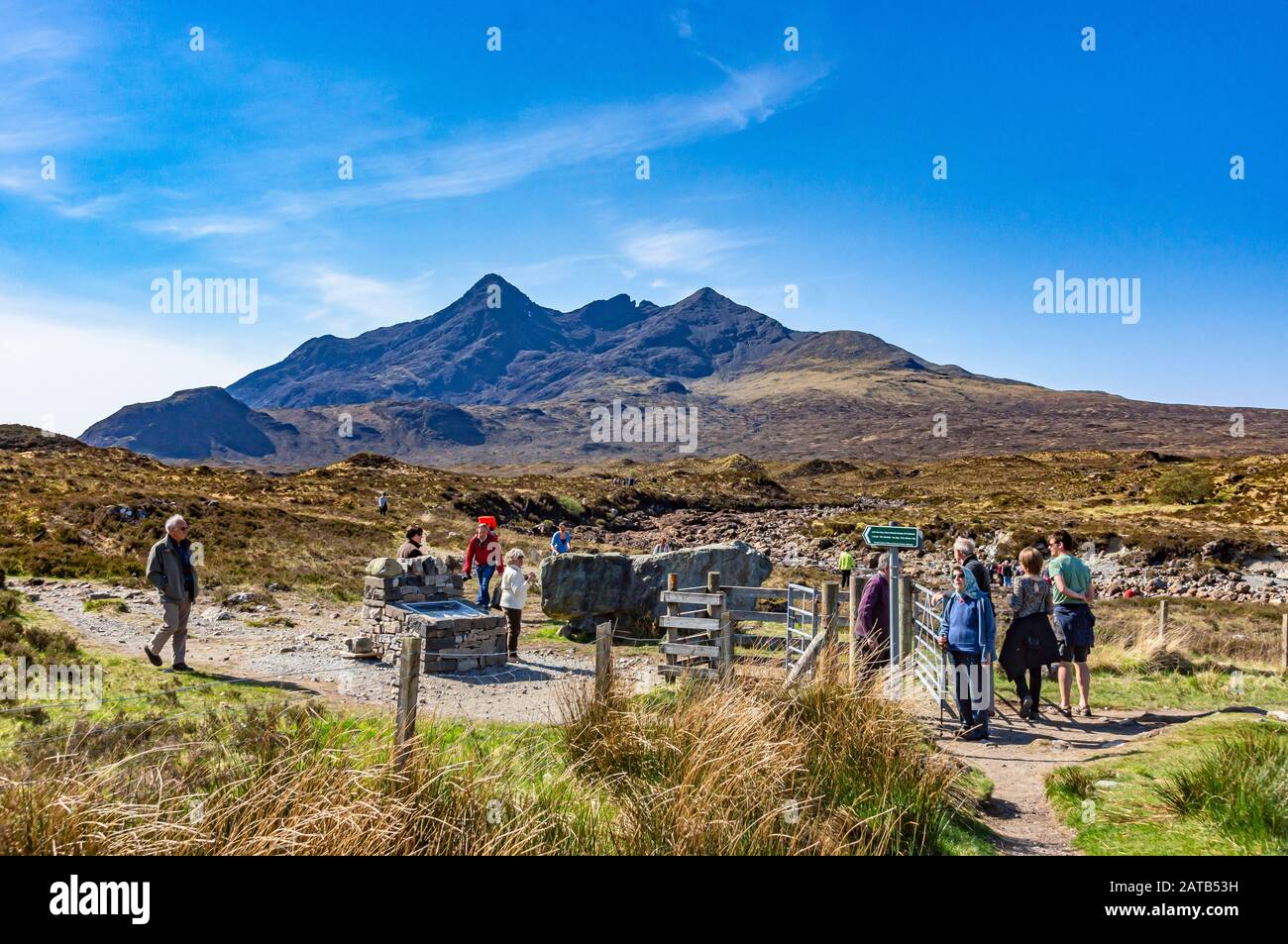 View of the Cuillin mountains on Isle of Skye Hebrides Highland Scotland UK from Glen Sligachan with gate near River Sligachan and Right of Way sign Stock Photo