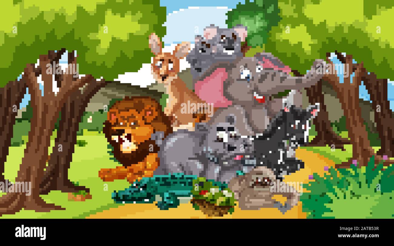 Scene with many wild animals in the park illustration Stock Vector ...