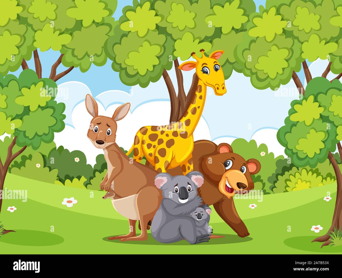 Scene with many wild animals in the park illustration Stock Vector ...