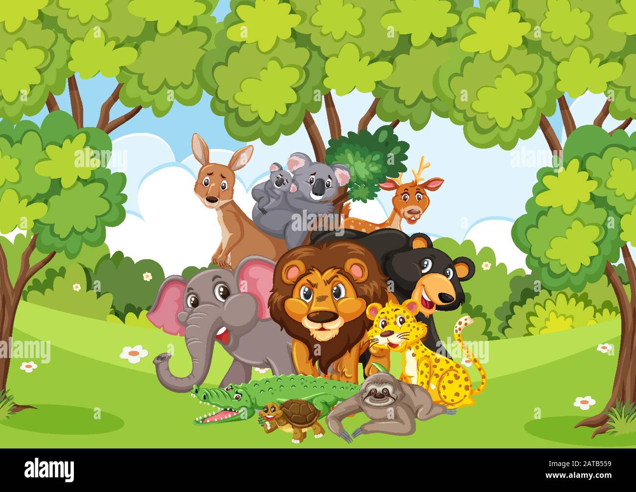 Scene with many wild animals in the park illustration Stock Vector ...