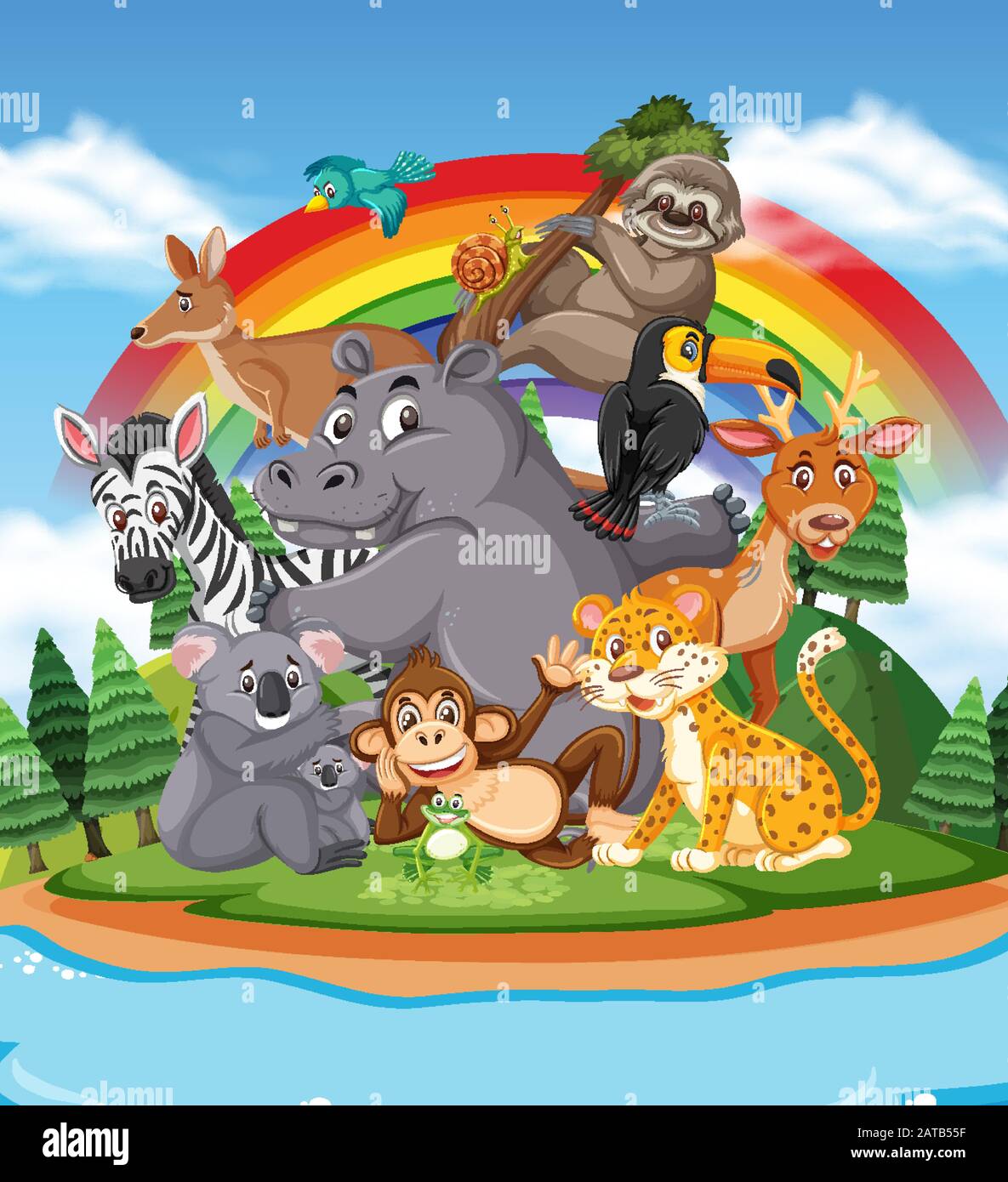 Scene with many wild animals in the park illustration Stock Vector ...