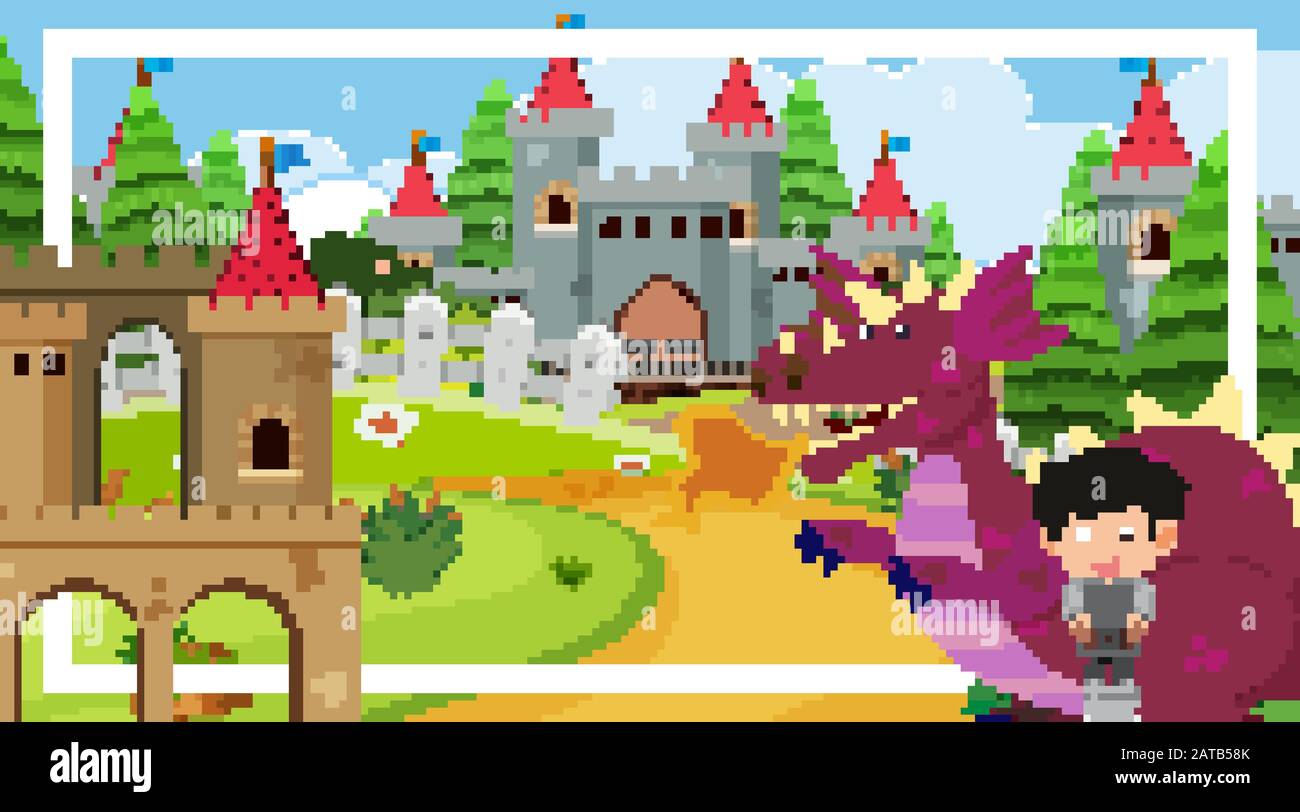 Scene with great knight and dragon at the castle towers illustration ...