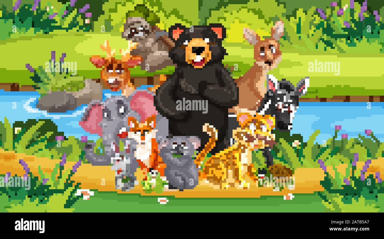 Scene with many wild animals in the park illustration Stock Vector ...