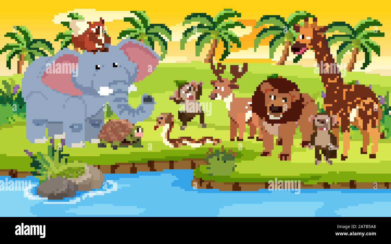 Scene with wild animals standing by the river at sunset illustration ...