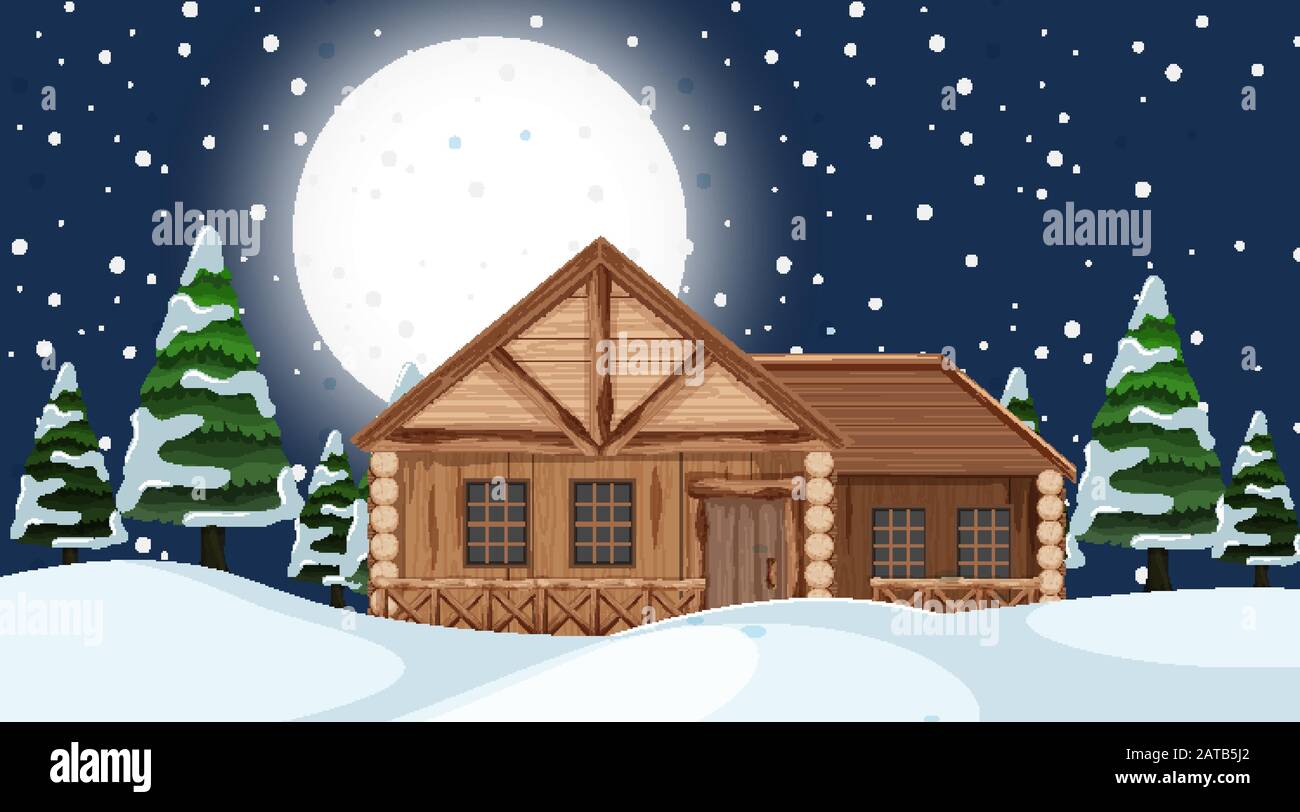 Scene with wooden house in the snow field illustration Stock Vector ...