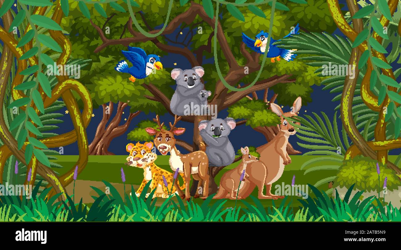 Scene with many wild animals in the park illustration Stock Vector ...