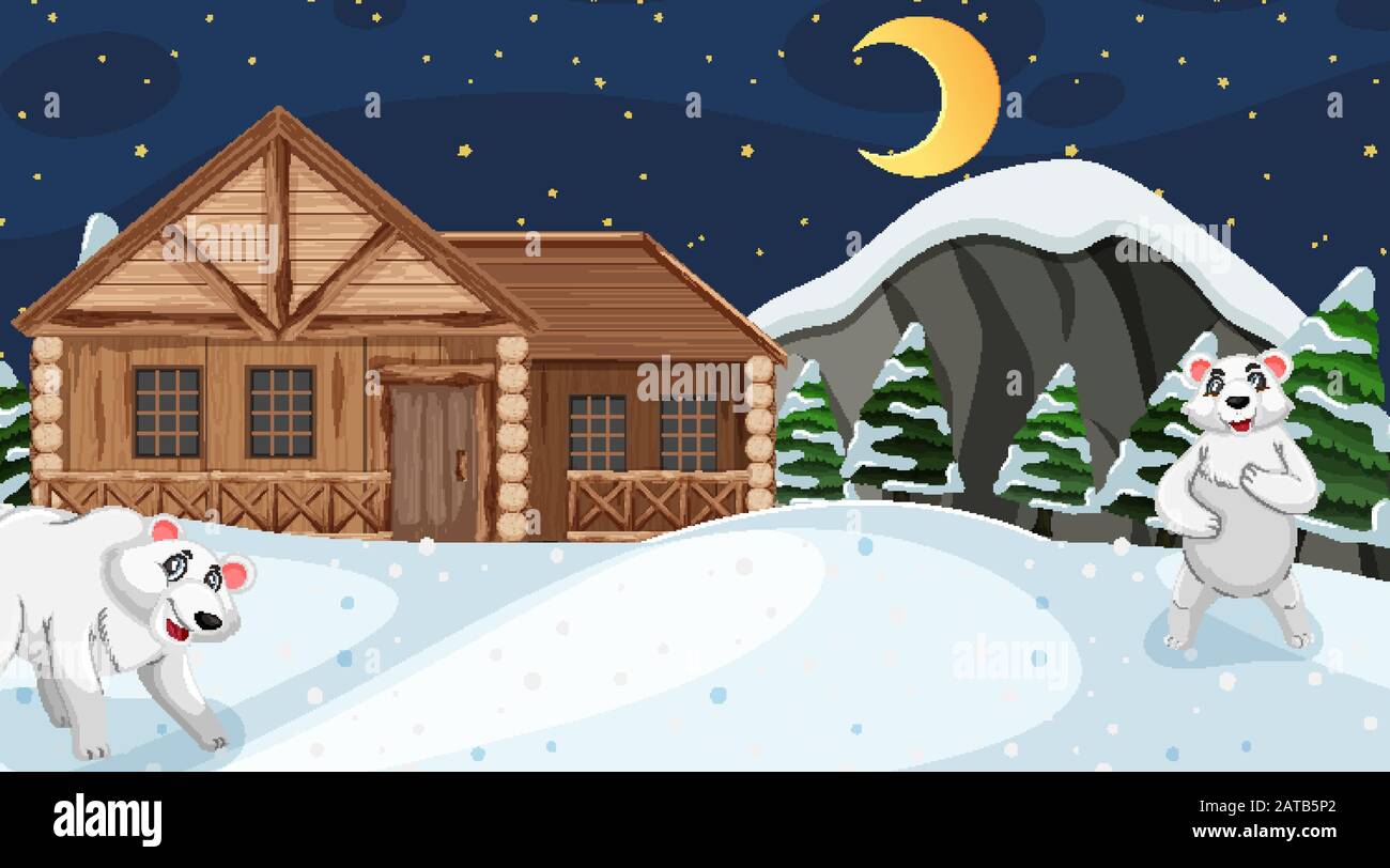 Scene with polar bears and wooden house in the north pole illustration