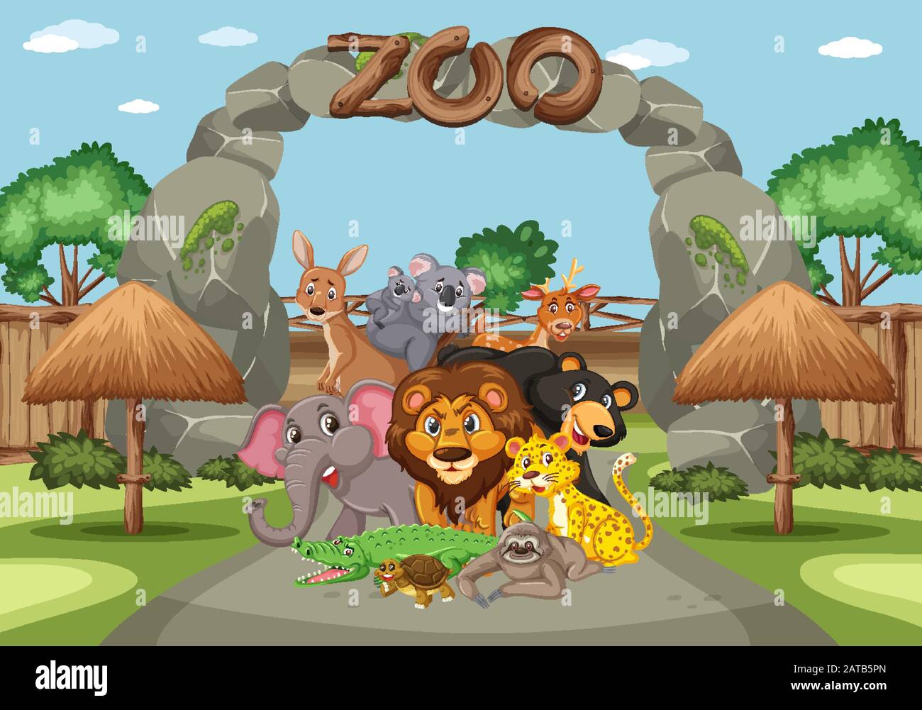Scene with wild animals in the zoo at day time illustration Stock ...