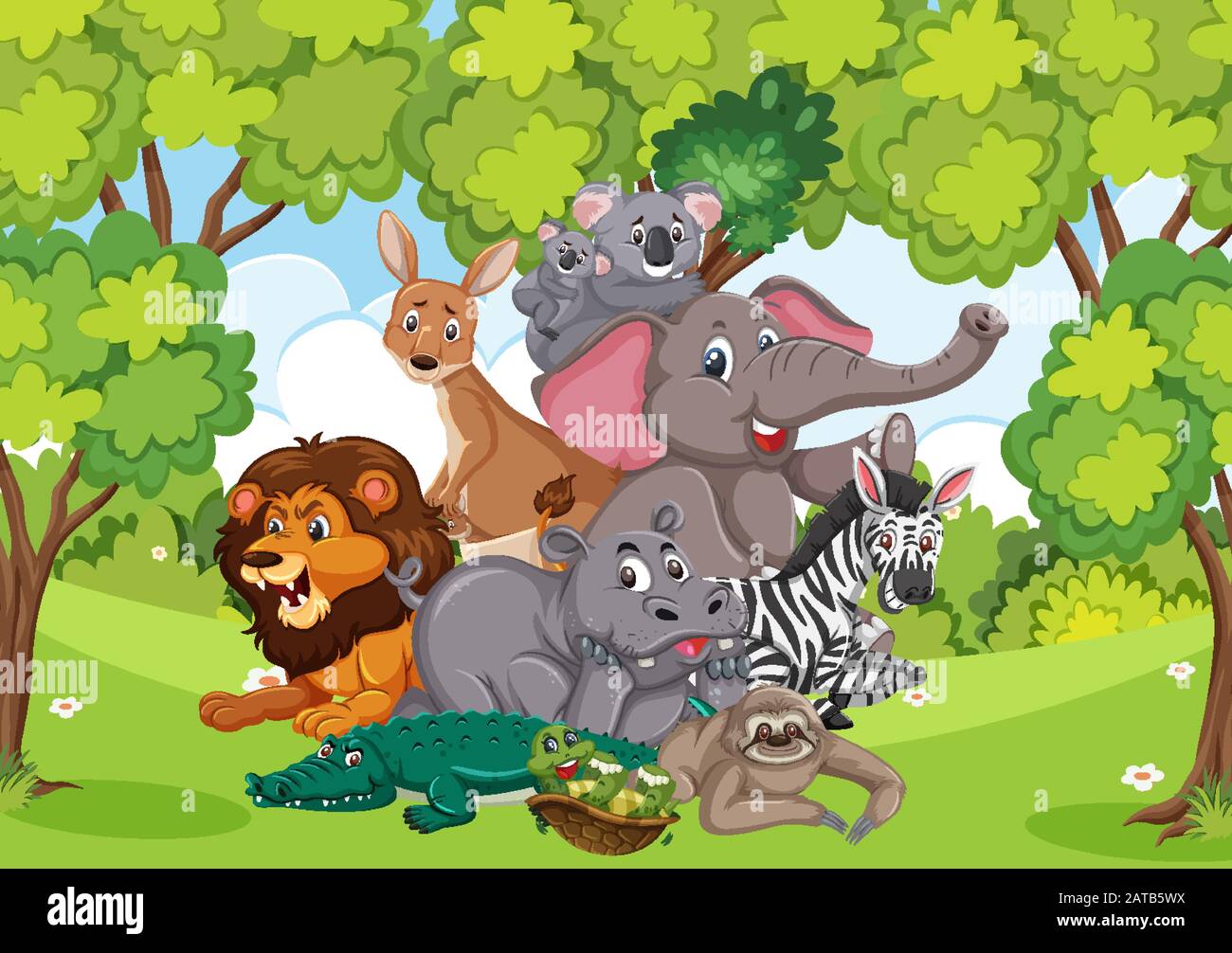 Scene with many wild animals in the park illustration Stock Vector ...