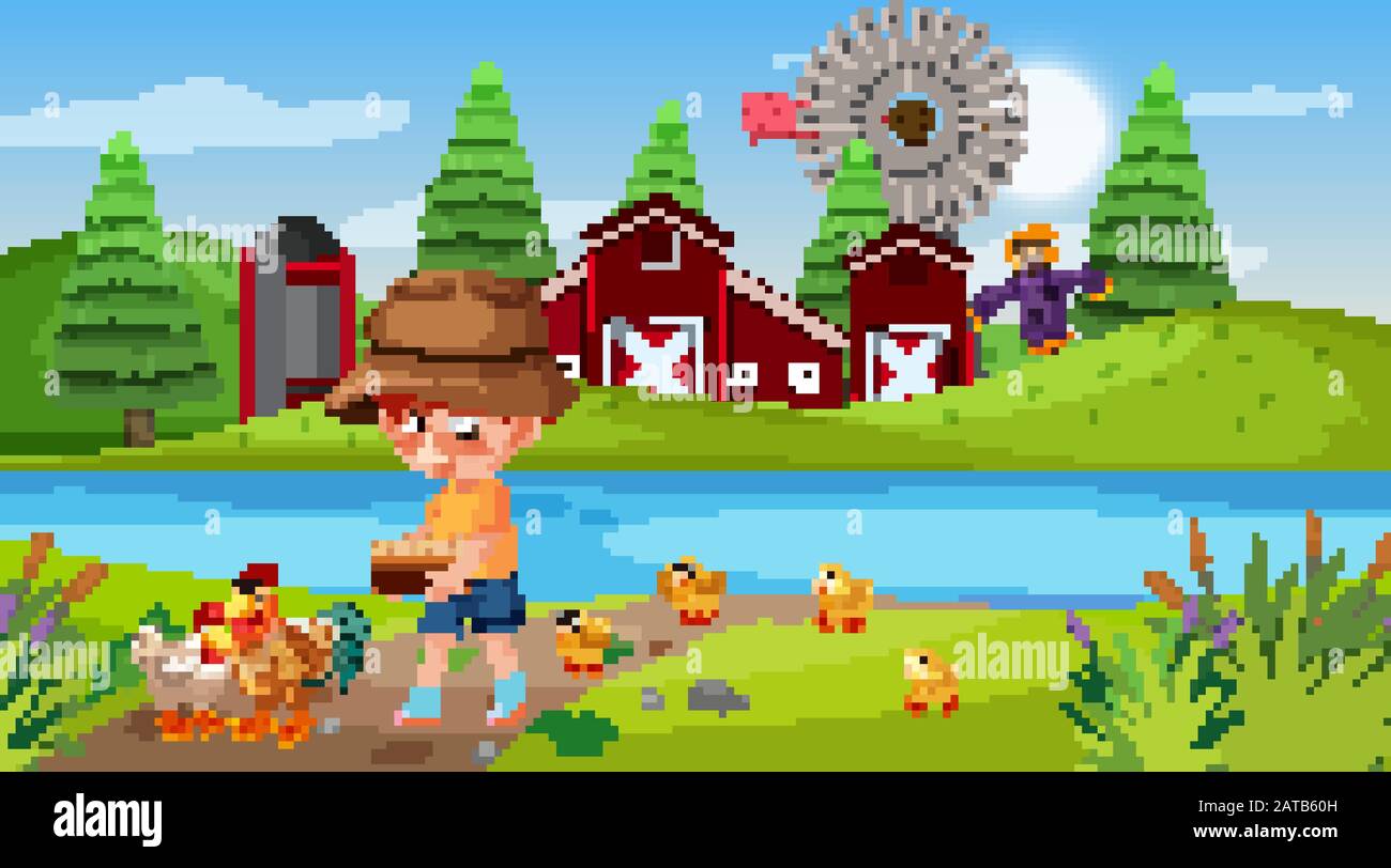 Farm scene with boy and chickens illustration Stock Vector Image & Art ...