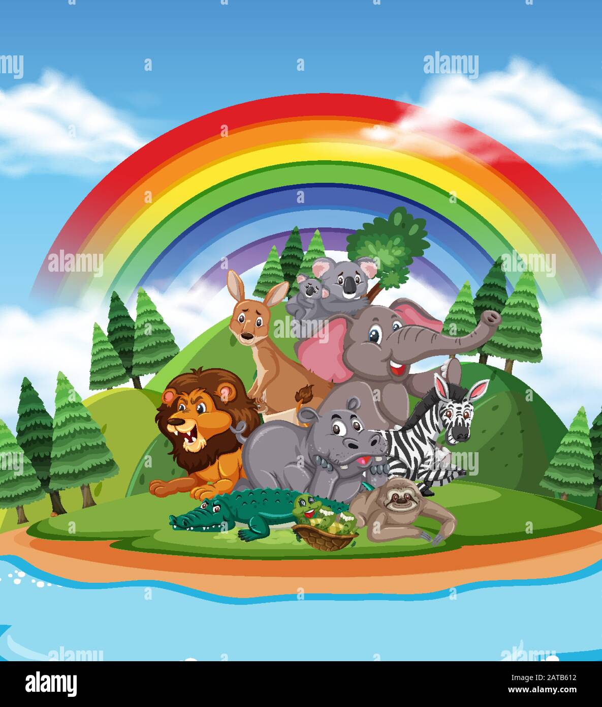 Scene With Many Wild Animals In The Park Illustration Stock Vector
