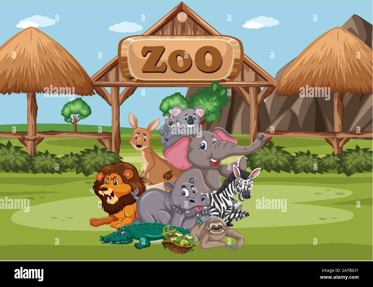 Scene with wild animals in the zoo at day time illustration Stock ...
