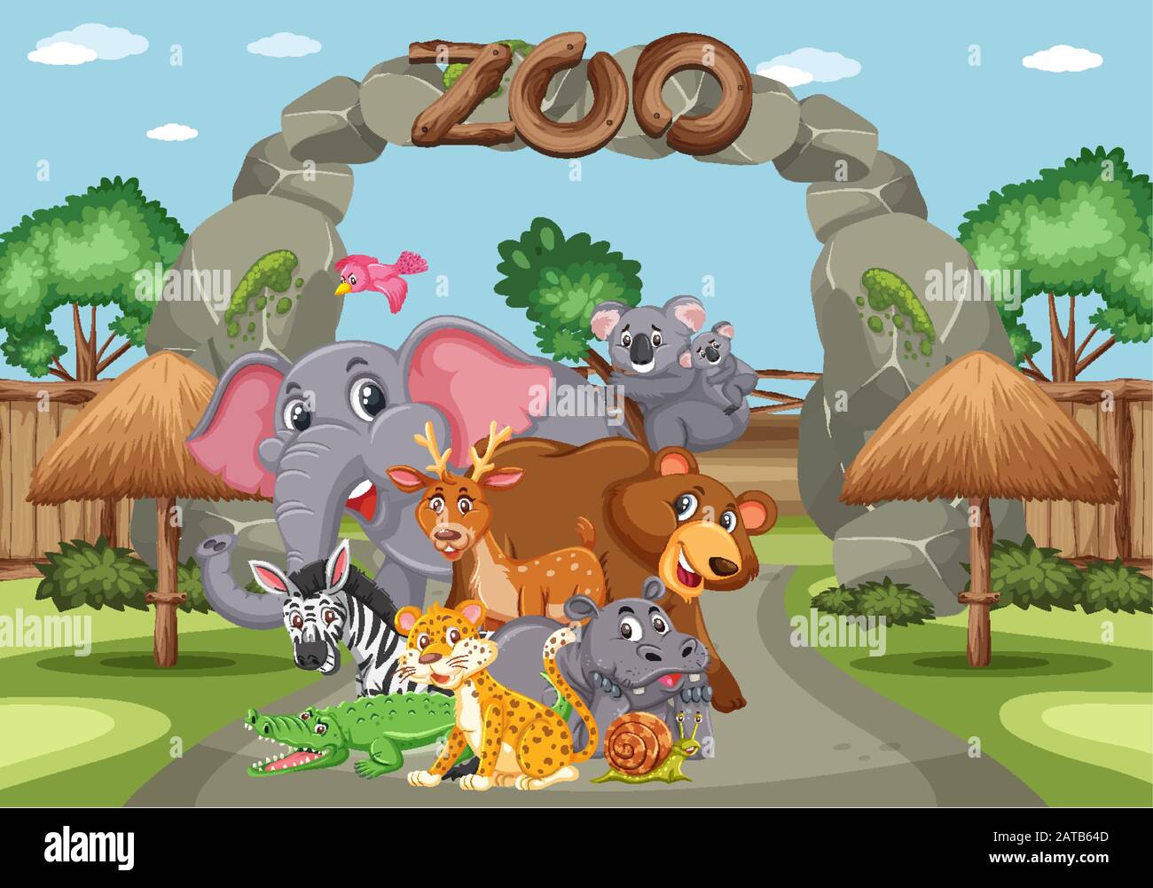 Scene with wild animals in the zoo at day time illustration Stock ...