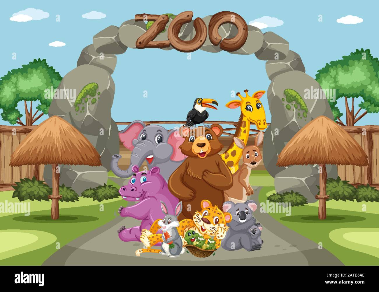 Scene with wild animals in the zoo at day time illustration Stock ...