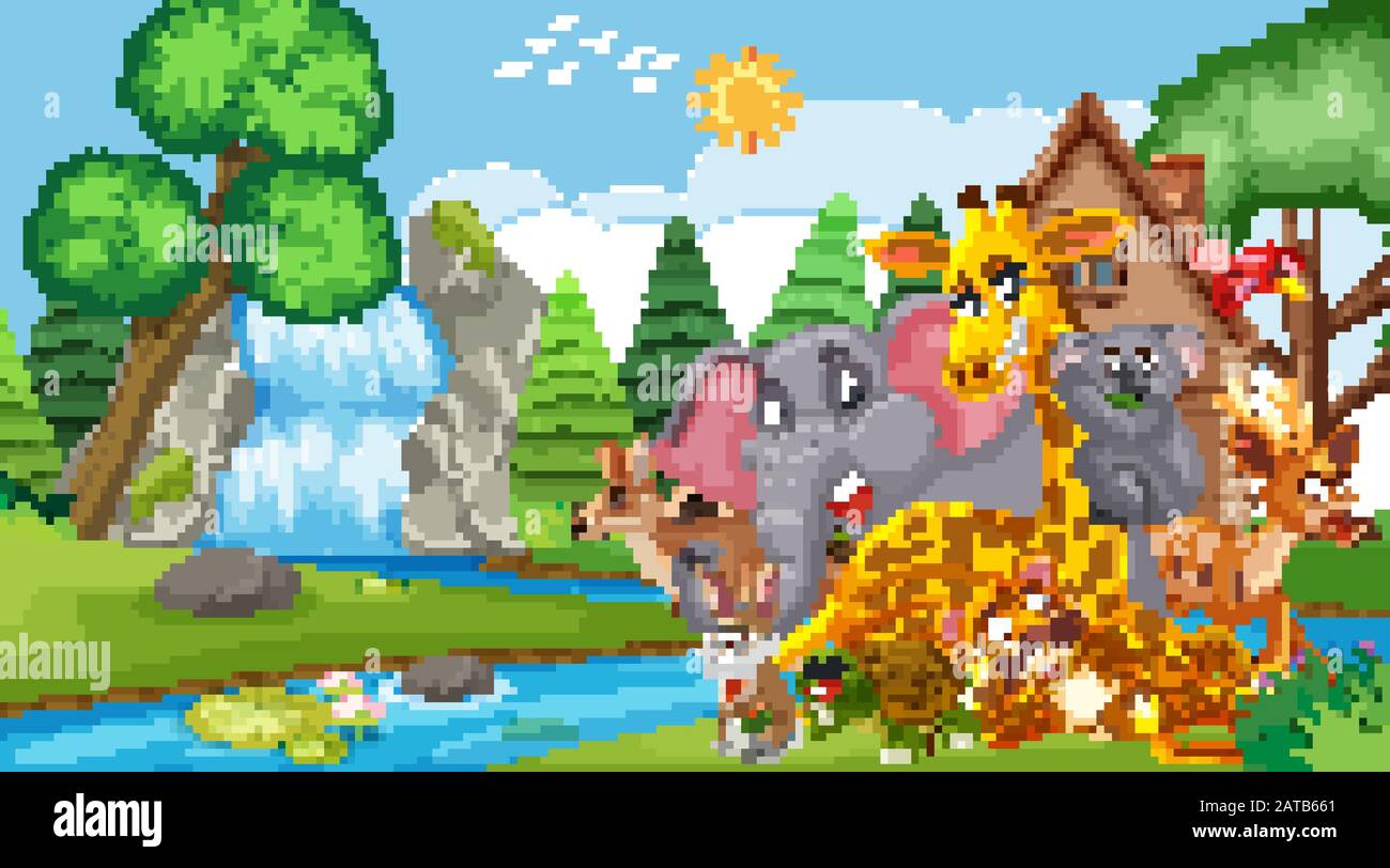 Scene with many wild animals in the park illustration Stock Vector ...