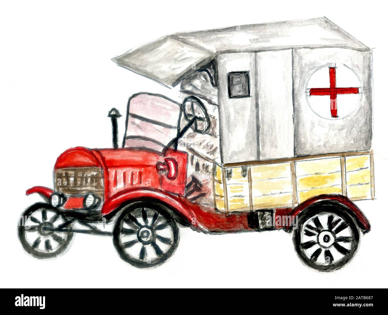 First aid, ambulance car hand drawn watercolor illustration. Stock Photo