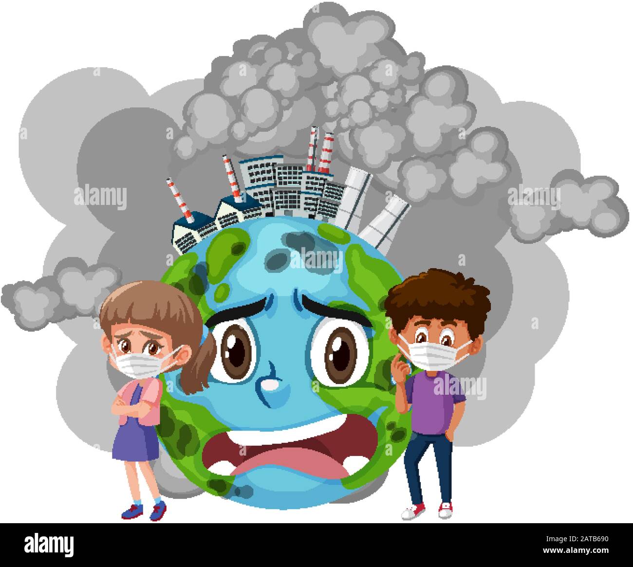 Poster design for stop pollution with children and sad earth illustration Stock Vector