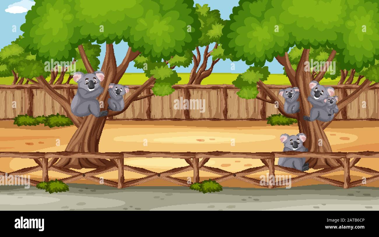 Scene with wild animals in the zoo at day time illustration Stock ...