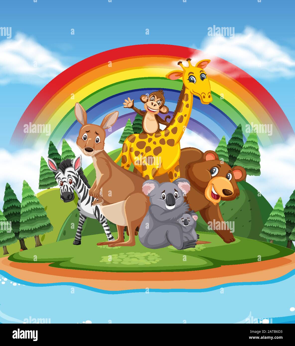 Scene with many wild animals in the park illustration Stock Vector ...