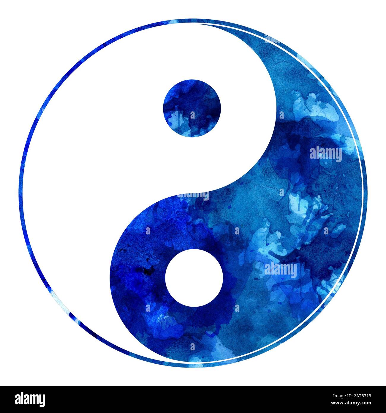 Digital illustration of yin yang sign made with blue watercolor splatters. Stock Photo