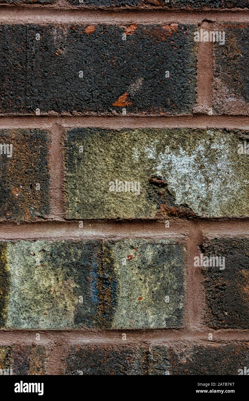 Tight close up of a richly saturated, weathered and multi-colored brick wall; background. Vertical. Stock Photo