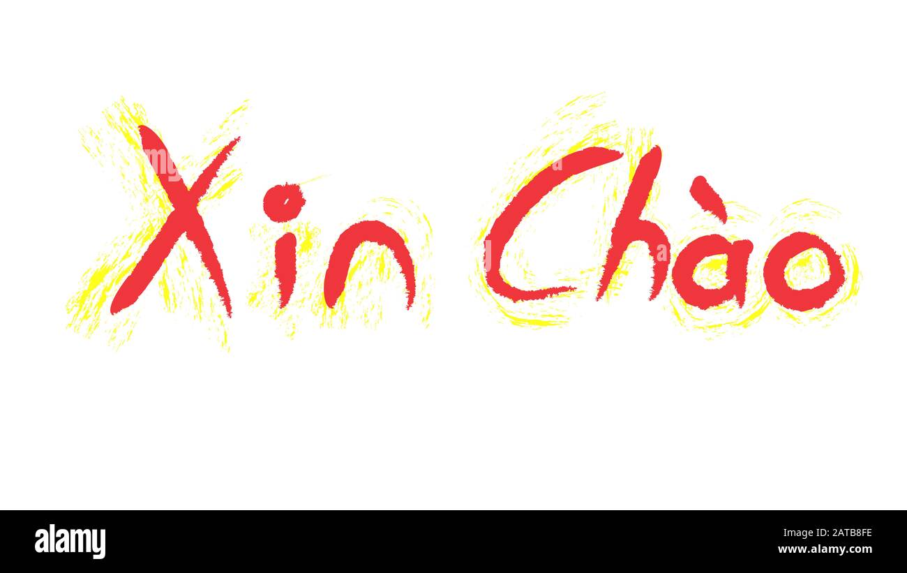 Xian Chao means hello in vietnamese hand writing with vietnam flag colors Stock Photo