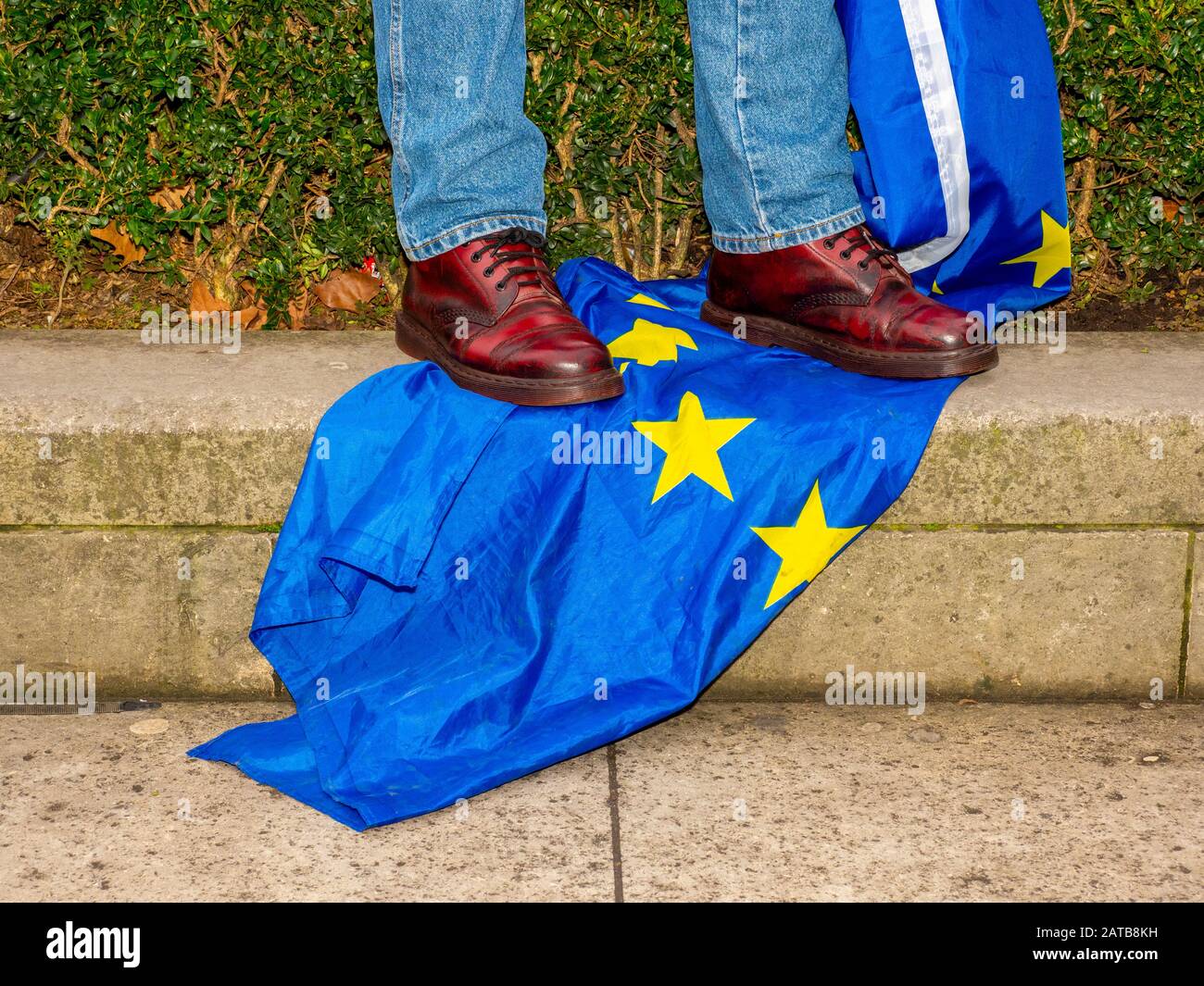 LONDON, UNITED KINGDOM - JANUARY 2020: Pro Brexit Leave supporters gather in Westminster on Brexit Day as the UK prepares to leave the European Union. Stock Photo