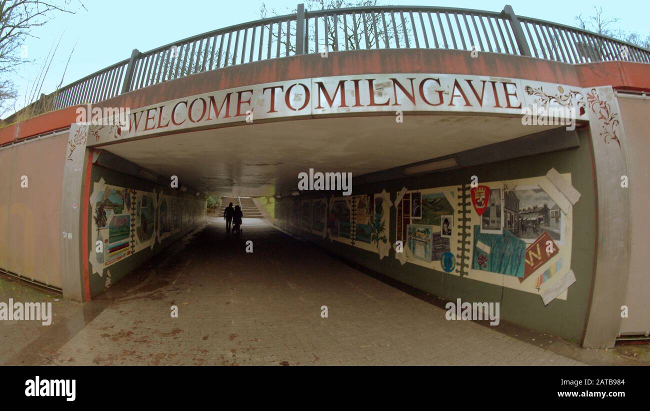 welcome to Milngavie pedestrian underpass links the train  station to the town centre Stock Photo